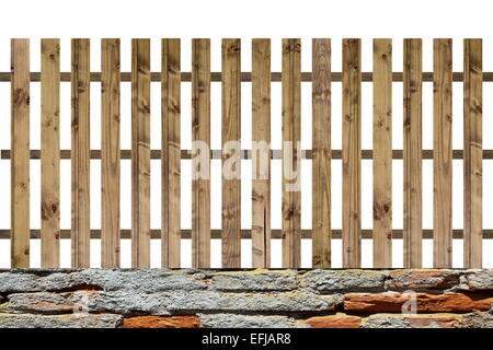 isolated planks fence, old hand made model on scratched bricks Stock Photo