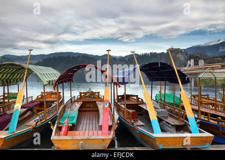 Boats at the pier of the Bled Island, Lake Bled, Slovenia. Stock Photo