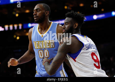 February 3, 2015: Denver Nuggets forward Darrell Arthur (00) in action against Philadelphia 76ers guard JaKarr Sampson (9) during the NBA game between the Denver Nuggets and the Philadelphia 76ers at the Wells Fargo Center in Philadelphia, Pennsylvania. The Philadelphia 76ers won 105-98. Stock Photo