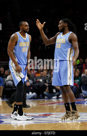 February 3, 2015: Denver Nuggets forward Kenneth Faried (35) talks with forward Darrell Arthur (00) during the NBA game between the Denver Nuggets and the Philadelphia 76ers at the Wells Fargo Center in Philadelphia, Pennsylvania. The Philadelphia 76ers won 105-98. Stock Photo