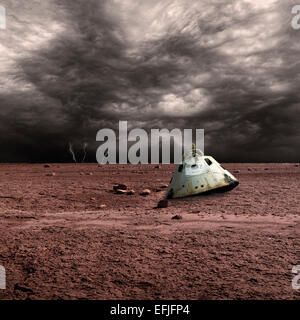 A scorched space capsule lies abandoned on a barren world. Storm clouds and lightning are in the background. Stock Photo