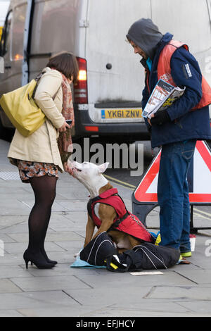 Big Issue seller and his dog greeting a member of the public in London England Stock Photo
