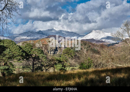 Eryri (Snowdonia) National Park, Wales, UK. A distant winter view of snow covered Yr Wyddfa (Mt Snowdon), at 1085m the highest mountain in Wales Stock Photo