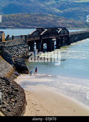 Barmouth Bridge or Viaduct Pont Abermaw a largely wooden structure over the Mawddach Estuary in Gwynedd North Wales opened 1867 Stock Photo