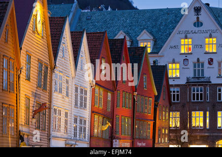 Historical wooden house facades at dusk, Bergen, Hordaland Stock Photo