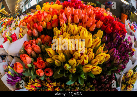 Colorful tulips and other cut flowers for sale in the Pike Place Market in spring, Seattle, Washington State, USA Stock Photo