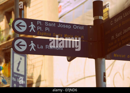 A closeup of a sign post for La Rambla in Barcelona, Spain Stock Photo