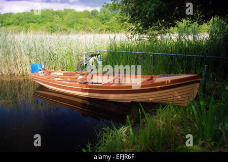 A lone lake fishing boat moored in long grass in a lagoon on Lough Derg Lake in Tipperary Ireland Stock Photo