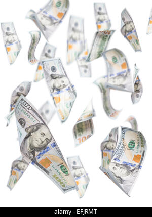 Randomly Falling One Hundred Dollar Bills Isolated on a White Background. Stock Photo