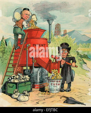 The cash purification plant - Illustration shows John D. Rockefeller standing on a ladder, dumping coins into a 'Patent Disinfector' as a member of the clergy opens a slot and coins pour into a bucket labeled 'Purified Cash for Missions'. An open trunk labeled 'Contributions', full of money bags, is at the base of the ladder.  Political cartoon, circa 1905 Stock Photo