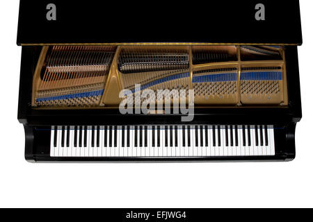 Grand piano.  Showing keys, harp, and hammers.  Viewed from above.  Isolated on white. Stock Photo