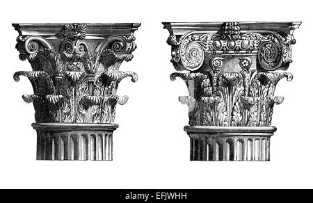 Victorian engraving of Corinthian column capitals. Digitally restored image from a mid-19th century Encyclopaedia. Stock Photo