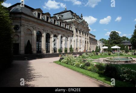 To the town castle of Fulda belongs the Orangerie and the Orangerie terrace in the castle garden of Fulda. The baroque city castle is enclosed by walls and grilles castle garden. Photo: Klaus Nowottnick date: August 8, 2014 Stock Photo