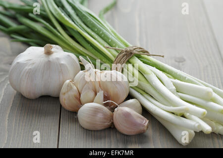 bunch of fresh organic green onions and garlic Stock Photo