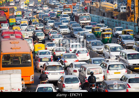 Cars crowded on the Ring Road during rush hour traffic in Delhi, India Stock Photo