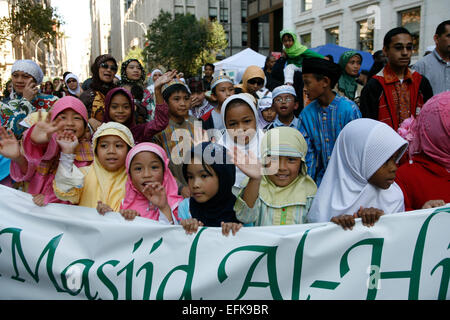 2008: American Muslim Day Parade and festival on Madison Avenue in New York City. Indonesian children march in the parade. Stock Photo