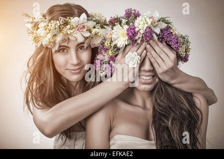 Two beautiful spring fairy, friendship symbol Stock Photo