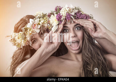 Two beautiful spring fairy , funny, friendship symbol Stock Photo