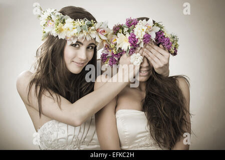 Two beautiful spring fairy , funny, friendship symbol Stock Photo