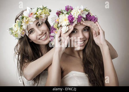 Two beautiful spring fairy , funny, friendship symbol Stock Photo