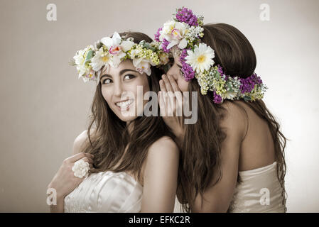 Two beautiful spring fairy , funny, friendship symbol Stock Photo