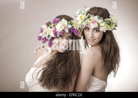 Two beautiful spring fairy , funny, friendship symbol Stock Photo