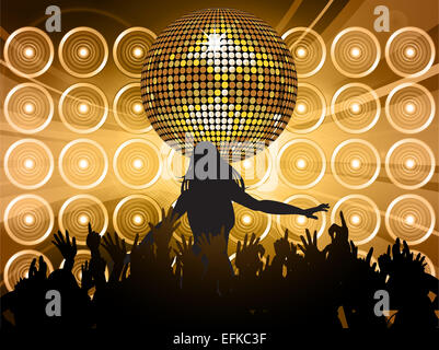 Golden Disco Ball with Dancing Silhouettes and Speakers Background Stock Photo