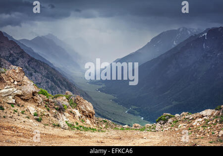 Mountain valley with river and overcast grey sky in Dzungarian Alatau Kazakhstan, Central Asia Stock Photo