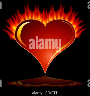An image of a fiery flame heart on a black background. Stock Photo