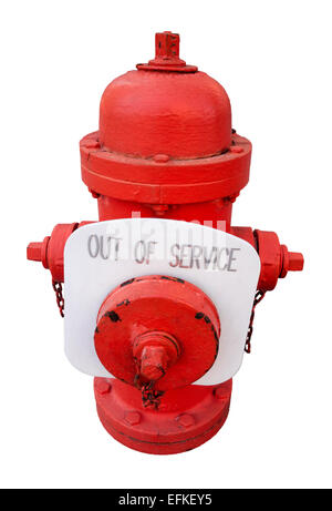 Red US Fire Hydrant with out of service sign; not working, broken, unsafe, unreliable fire plug. Safety problem, concern. Stock Photo