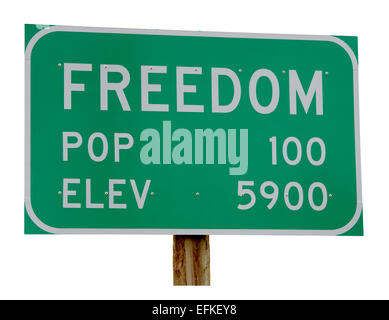 Town Sign Freedom Wyoming Idaho border town. Population 100. Elevation 5900. cut out cutout isolated on white background Stock Photo