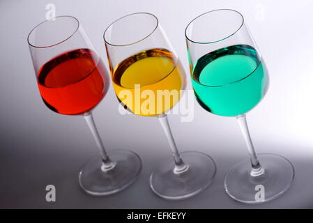 Three wine glasses filled with red, yellow and green colored liquid.  Representative of traffic lights