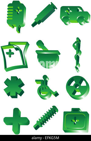 Set of green medical themed icons in a 3D style. Stock Photo