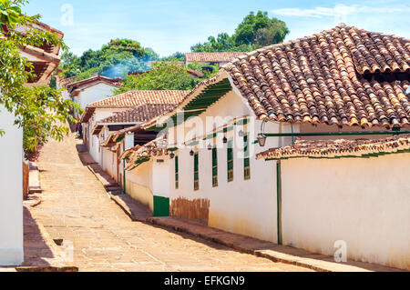 Colonial street with with white historic buildings in Barichara, Colombia Stock Photo