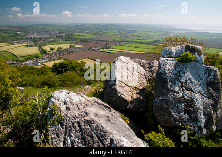 The view towards Carnforth and  Morecambe Bay from the top of Warton Crag in Cumbria. May. Stock Photo