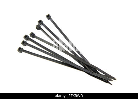 Bunch of black cable ties isolated on white background Stock Photo