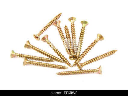 Bunch of golden screws on white background Stock Photo