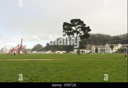 Foggy sky view, east to tall tree and Mark di Suvero sculpture 'Are Years What?' standing grass, Crissy Field, San Francisco Stock Photo