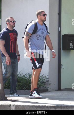 Brendan Schaub, wearing an Abbot Kinney Fight Club t-shirt, goes to the gym in Hollywood  Featuring: Brendan Schaub Where: Hollywood, California, United States When: 04 Aug 2014 Stock Photo