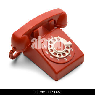 Red and White Rotary Phone Isolated on White Background. Stock Photo