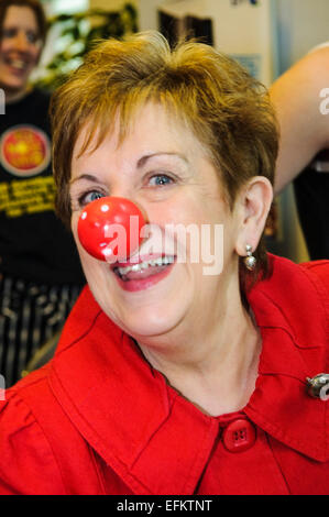 Northern Ireland comedienne and actor/actress Olivia Nash helps out at Comic Relief's Red Nose Day. Stock Photo