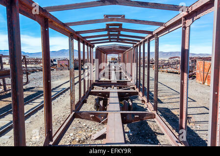 Remains of a train carriage at the Train Cemetery in Uyuni, Bolivia Stock Photo