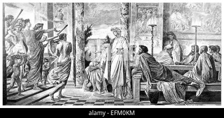 Victorian engraving of an ancient Greek banquet. Digitally restored image from a mid-19th century Encyclopaedia. Stock Photo