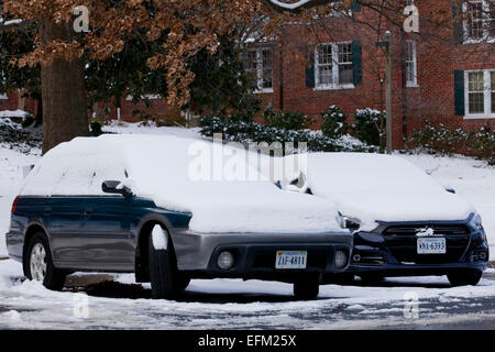 Parked cars covered in snow - Virginia USA Stock Photo