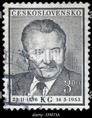 CZECHOSLOVAKIA - CIRCA 1953: A stamp printed in Czechoslovakia, shows portrait Klement Gottwald (1896-1953) prime minister and p Stock Photo