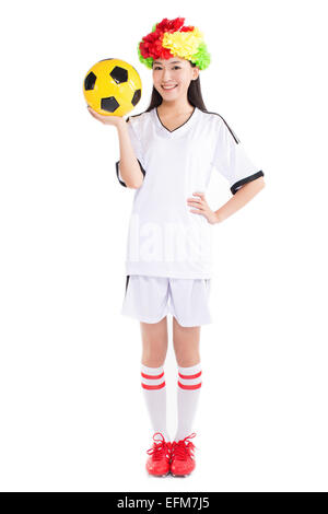 beautiful cheerleader yellow soccer ball on a white background Stock Photo