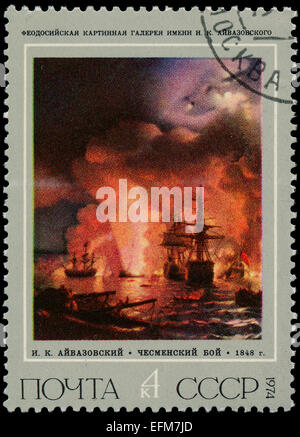 USSR - CIRCA 1974: A stamp printed in USSR shows a painting of the Battle of Chesma, a Russian victory over the Ottoman Empire,  Stock Photo