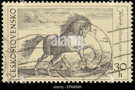 CZECHOSLOVAKIA - CIRCA 1969: stamp printed by Czechoslovakia, shows Prancing stallion by Hendrik Goltzius, circa 1969 Stock Photo