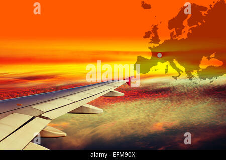 Wing airplane on Europe map background. Stock Photo