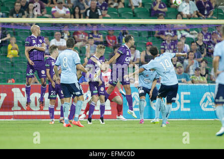 Perth, Australia. 7th February, 2015. Hyundai A-League, Perth Glory versus Sydney FC. Alex Brosque slams the free kick into the Glory Wall. Credit:  Action Plus Sports Images/Alamy Live News Stock Photo